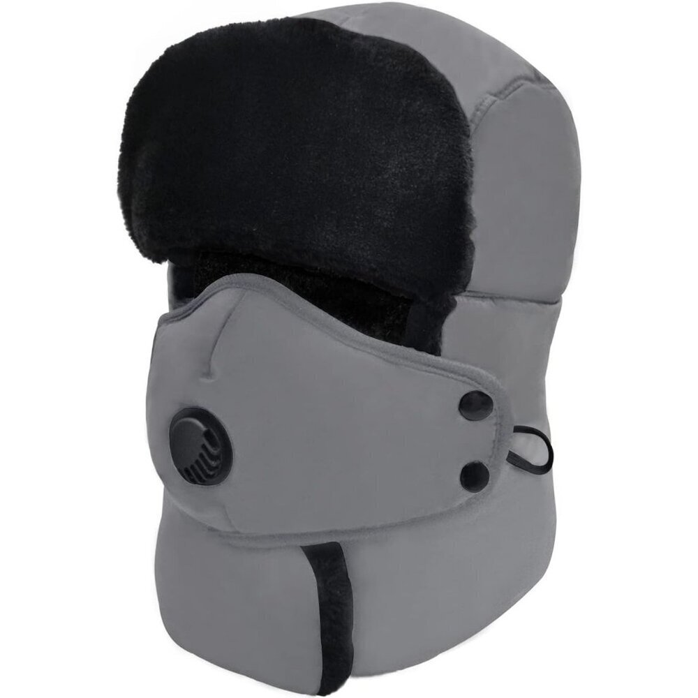 Men Grey Trapper Hat with Ear Flaps &Mask Russian Trooper Aviator Cold Hat